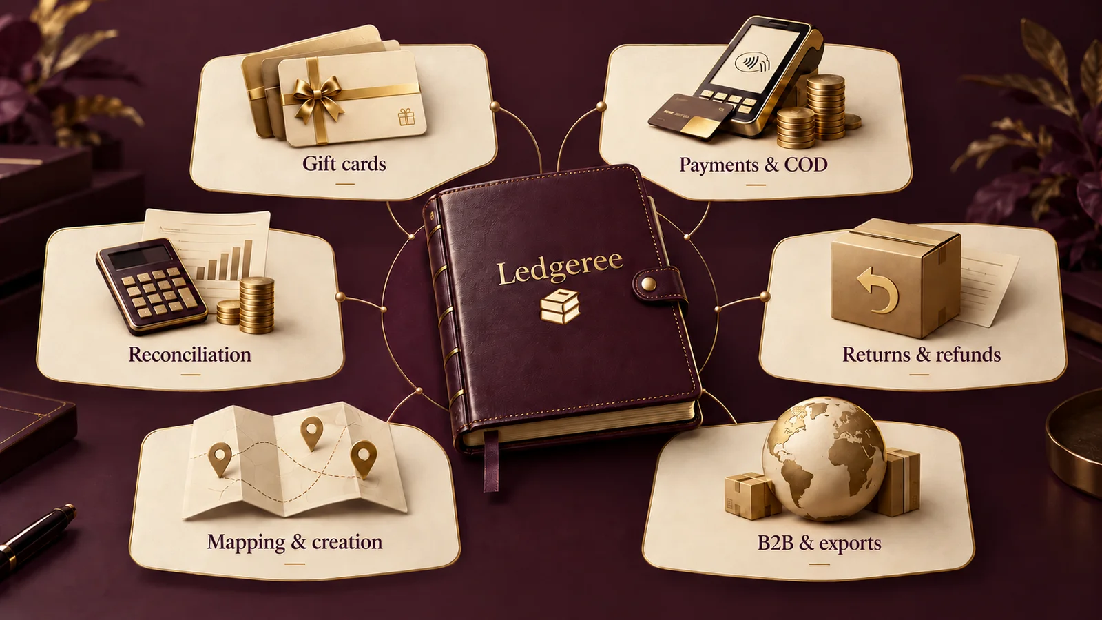Ledgeree accounting illustration covering gift cards, payments and COD, returns, B2B and exports, mapping and reconciliation